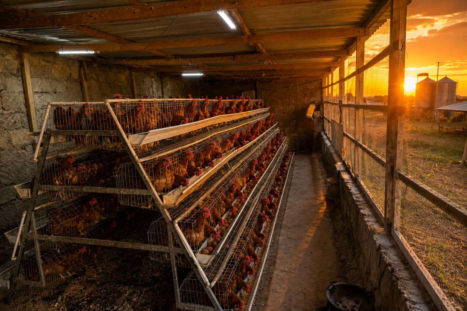 Modern Kenyan poultry farm with chicks, layers, broilers, equipment and eggs in golden sunlight