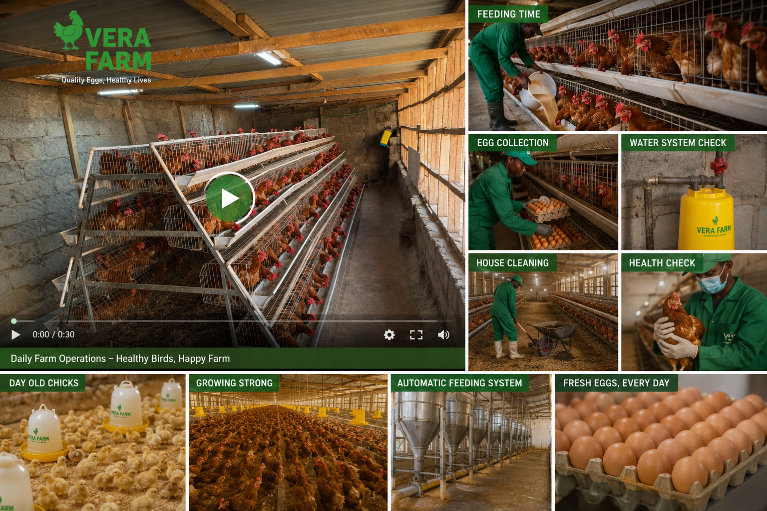Daily farm operations collage showing feeding, egg collection, cleaning, health checks, and more at Vera Farm