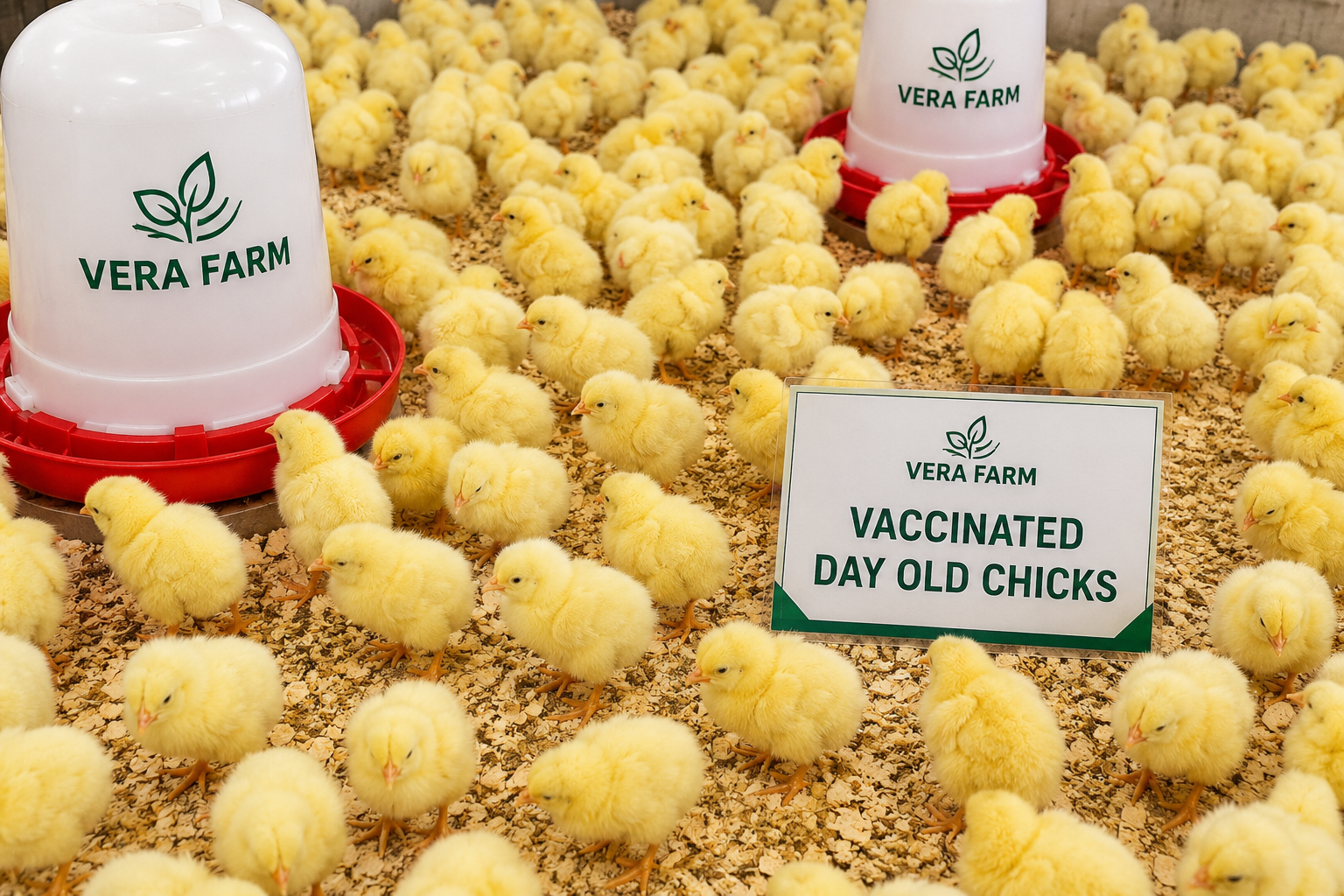 Vaccinated day-old Isa Brown chicks at Vera Farm