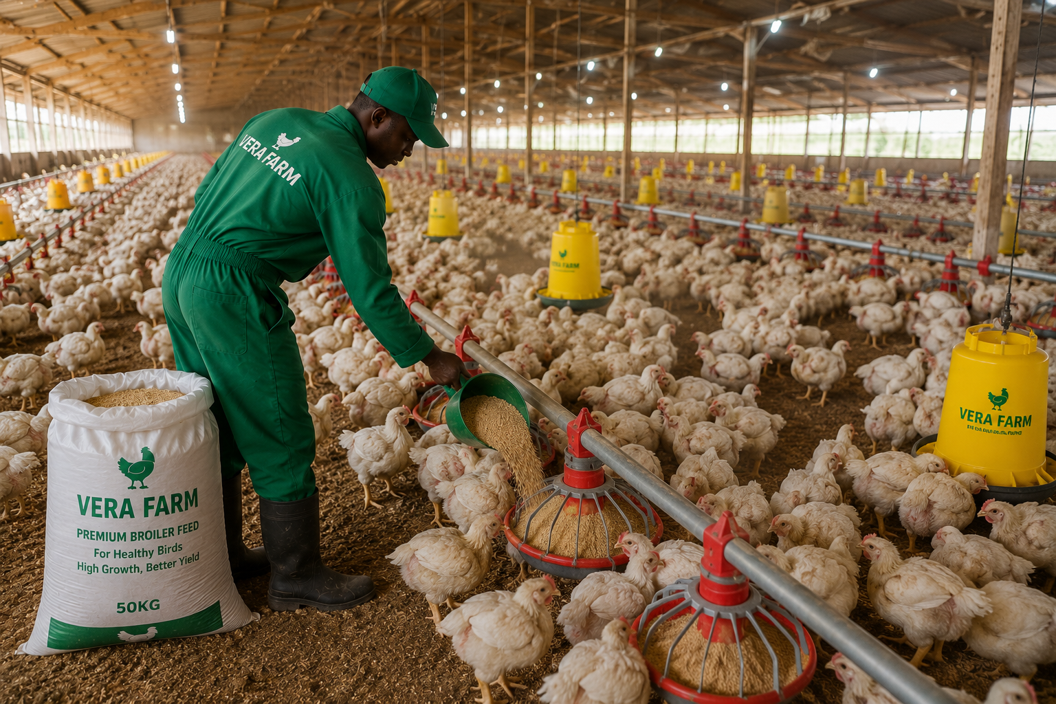 Vera Farm worker in branded green overalls feeding broilers in a commercial poultry house